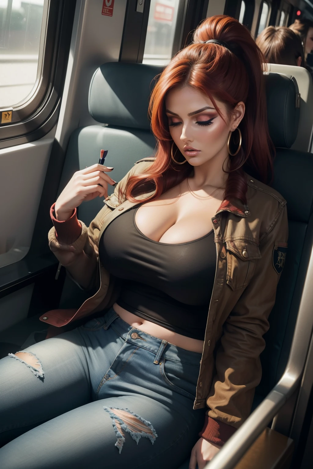 Lucy Pinder, ((Very intense makeup)), voluptuous woman, cleavage, face portrait, long hair, red hair, ponytail, black t-shirt, jeans jacket, jeans, hoop earrings, eyes closed, mouth wide open, sitting on the train, sleeping