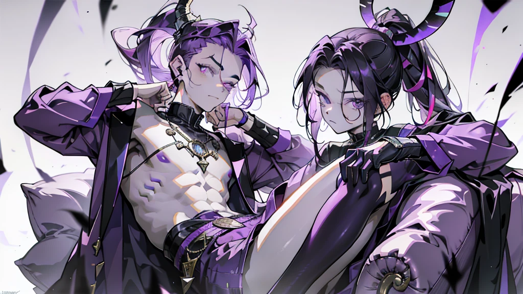cheerful boy with open forehead. dark purple hair braided in a ponytail on the left side to one side. sinuous black horns wrapped in dark purple ribbon. pale violet eyes. in short dark purple shorts. long white T-shirt. dark purple knee-high socks. white long robe with hood. black ancient stone walls of the castle, purple light from lamps with golden ornaments lies on the sofa