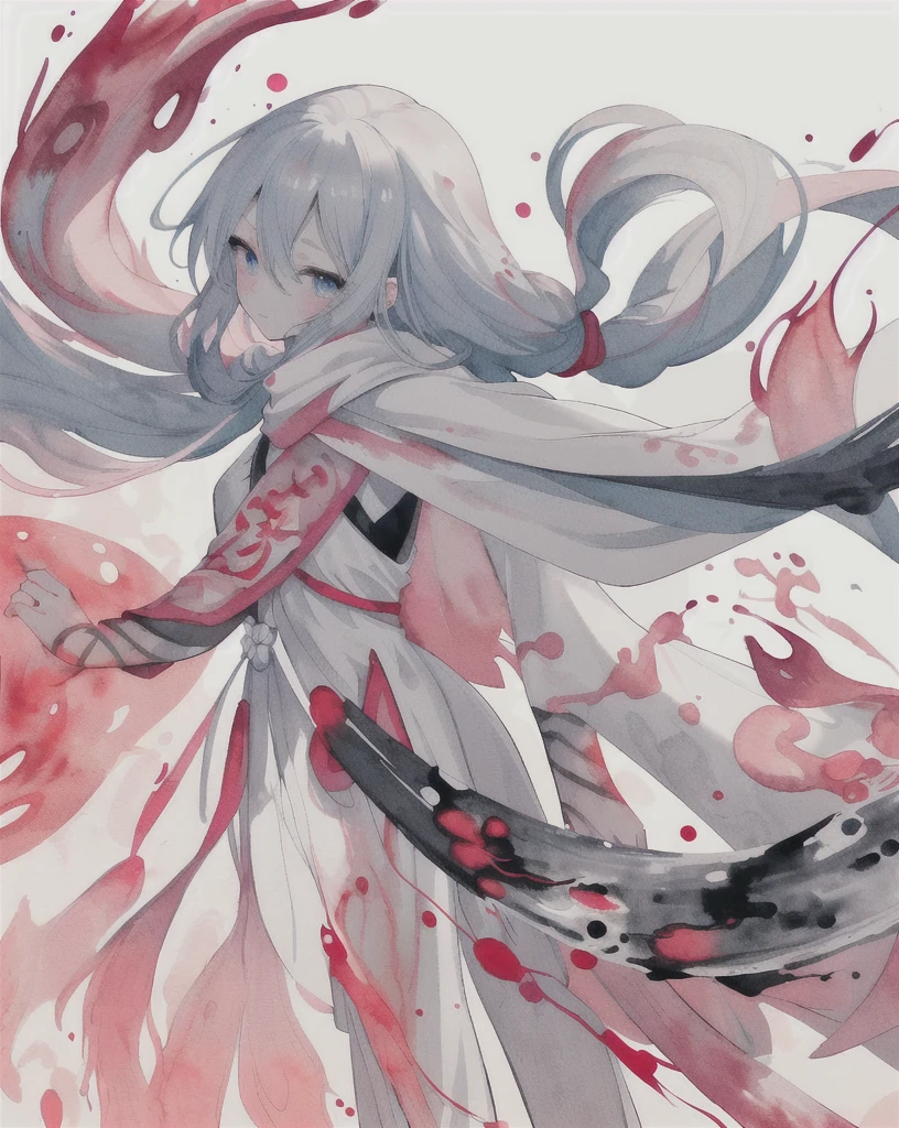 1 Girl,(蓝Long hair)),blue eyes,radish,Long hair,(loose Long hair),((White cape)),Pink scarf,Holding a long sword，Red flowers fall,Upper Body,Strong shadows,Ash,fire,ice,((Ink wAsh painting)),((ink splAshing)),((color splAshing)),
