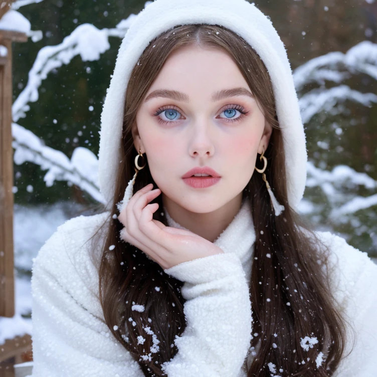 Beautiful girl - Lily Rose Depp, blue eyes, long curly white hair witg, detailed facial traits, beautiful earrings, national turkic female dress, naked breasts, yurta behind, it's snowing, sexy pose