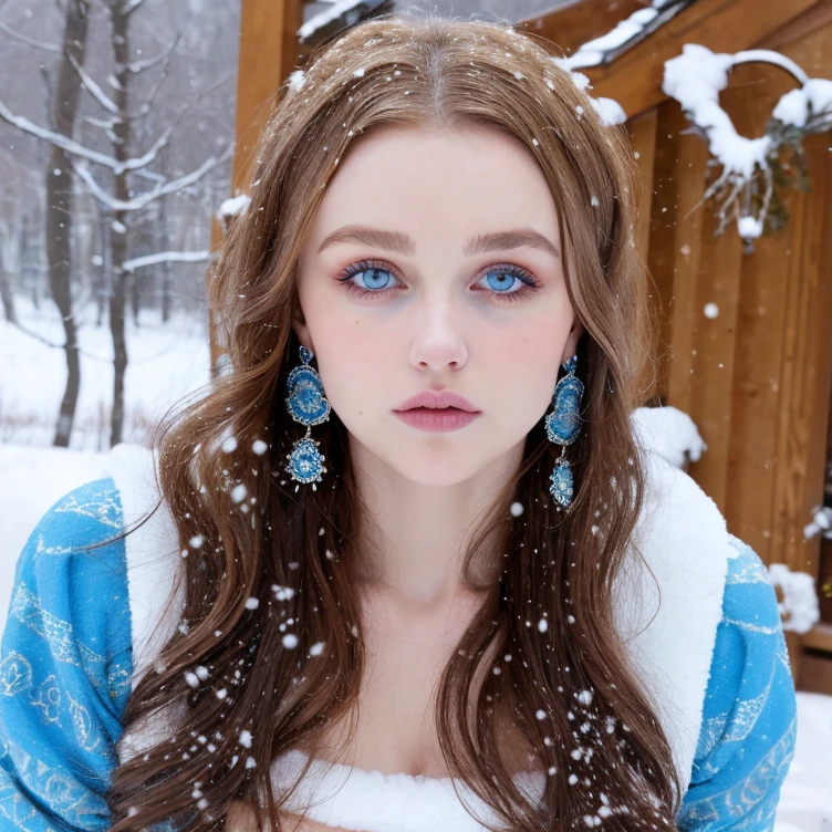 Beautiful girl - Lily Rose Depp, blue eyes, long curly white hair witg, detailed facial traits, beautiful earrings, national turkic female dress, naked breasts, yurta behind, it's snowing, sexy pose