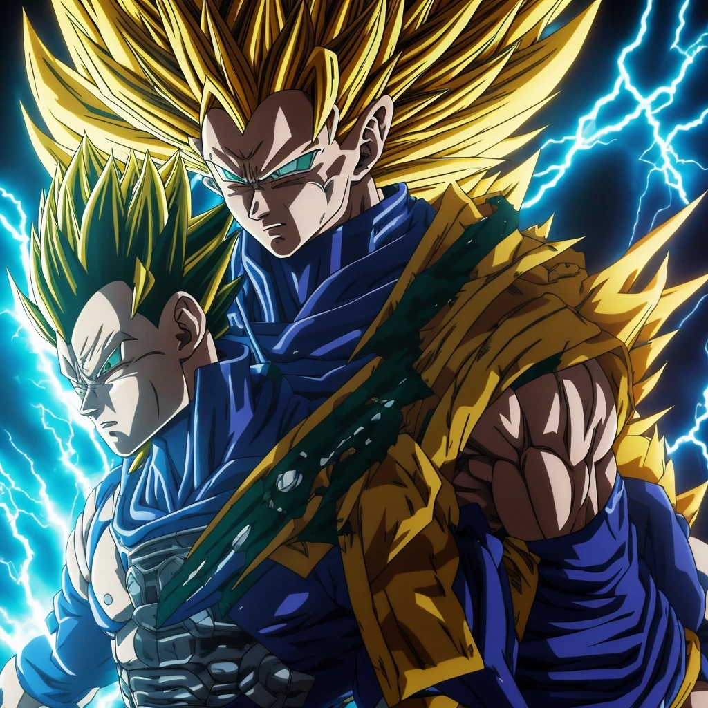 Anime style. Setting: post apocalyptic settlement: strong super saiyan Vegeta is depicted in a full body shot. His yellow ki in form of Dragon is around his blond hair and fullbody. Striking blue/green heterochromia eyes. The stylish sweater that's too big for him adds to his otherworldly charm. This mesmerizing image, possibly a painting, is rich in detail and radiates a sense of dystopian beauty. Every element, from Vegeta is great and strong features to the elaborate design of his Classic uniform, is rendered with impeccable artistry, drawing viewers into a realm of loss and wonder.

