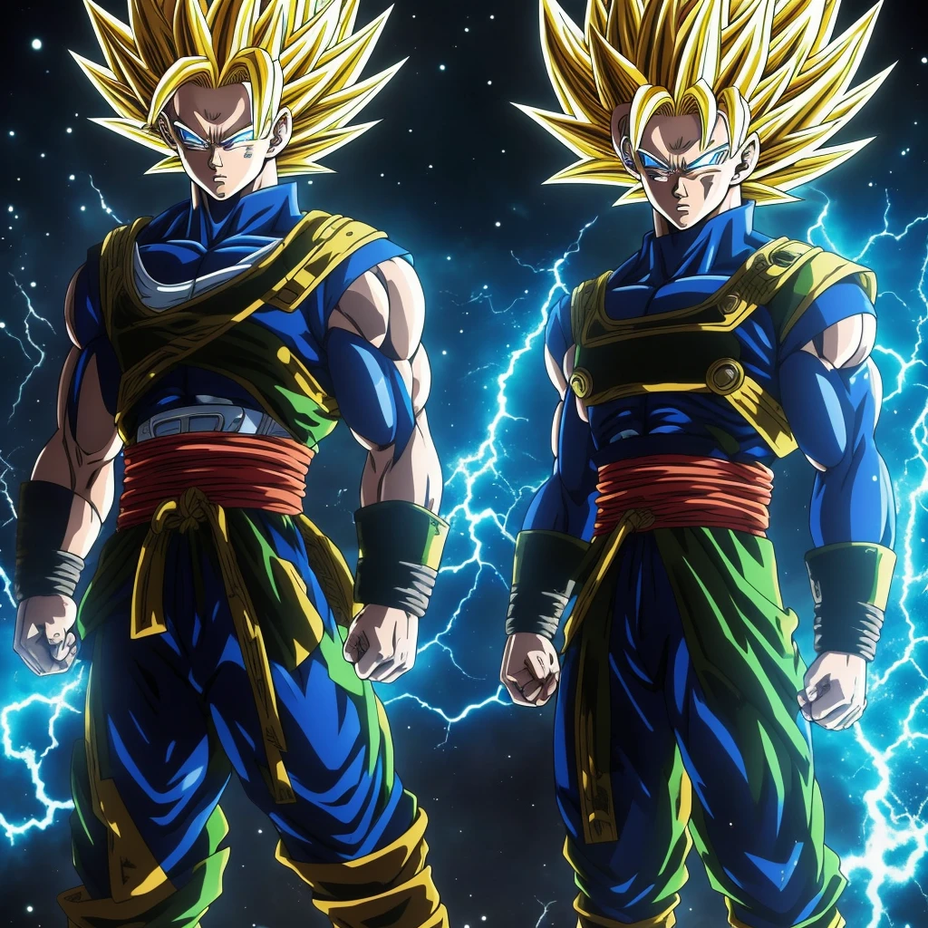 Anime style. Setting: post apocalyptic settlement: strong super saiyan Vegeta is depicted in a full body shot. His yellow ki in form of Dragon is around his blond hair and fullbody. Striking blue/green heterochromia eyes. The stylish sweater that's too big for him adds to his otherworldly charm. This mesmerizing image, possibly a painting, is rich in detail and radiates a sense of dystopian beauty. Every element, from Vegeta is great and strong features to the elaborate design of his Classic uniform, is rendered with impeccable artistry, drawing viewers into a realm of loss and wonder.
