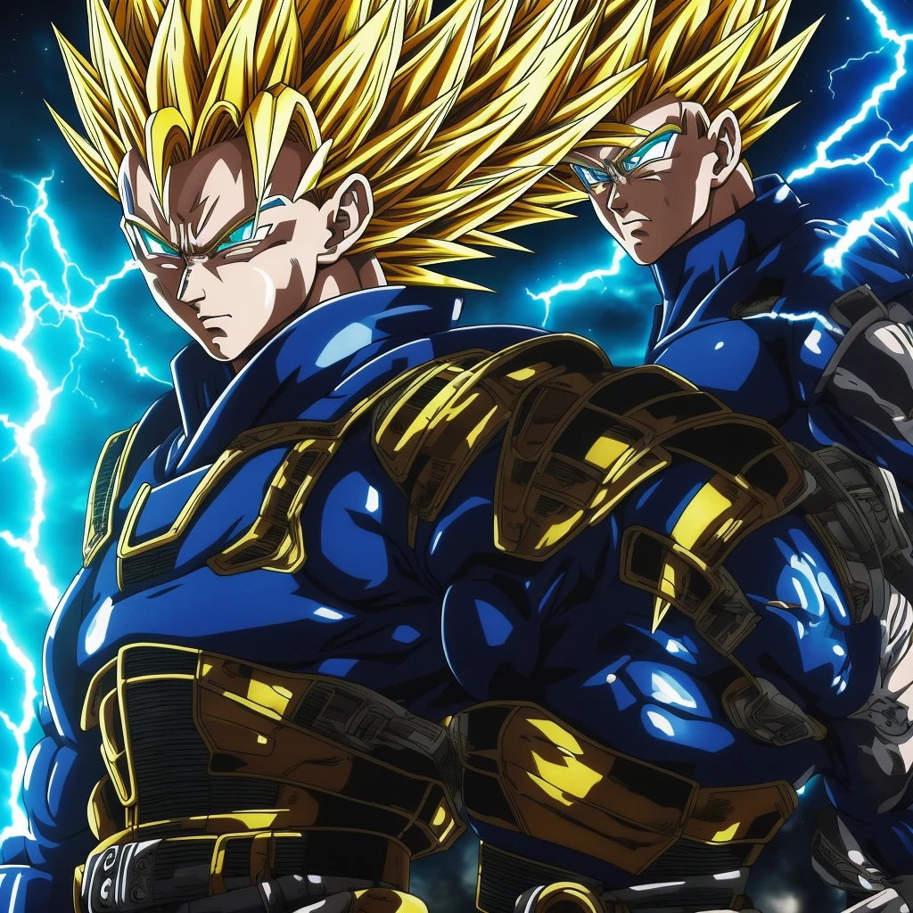 Anime style. Setting: post apocalyptic settlement: strong super saiyan Vegeta is depicted in a full body shot. His yellow ki in form of Dragon is around his blond hair and fullbody. Striking blue/green heterochromia eyes. The stylish sweater that's too big for him adds to his otherworldly charm. This mesmerizing image, possibly a painting, is rich in detail and radiates a sense of dystopian beauty. Every element, from Vegeta is great and strong features to the elaborate design of his Classic uniform, is rendered with impeccable artistry, drawing viewers into a realm of loss and wonder.