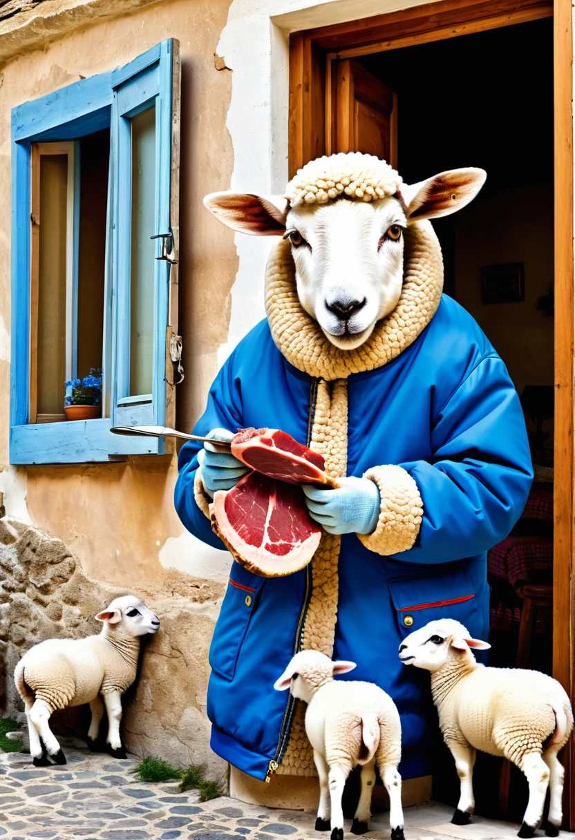 A sheep with a blue jacket eating meat in the decor of a house. Il est affiché derrière lui sur un tableau la phrase : bonne fête de tabaski