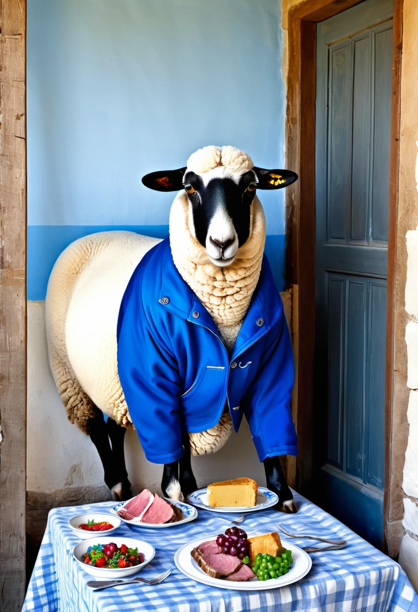A sheep with a blue jacket eating meat in the decor of a house. Il est affiché derrière lui sur un tableau la phrase : bonne fête de tabaski