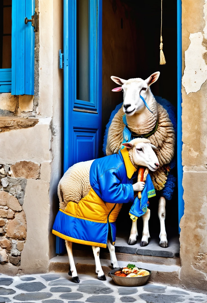 A sheep with a blue jacket eating meat in the decor of a house.  Il est affiché  derrière lui sur un tableau la phrase : bonne fête  de tabaski