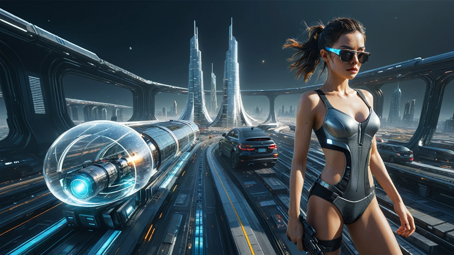 Brightly colored abstract aerial view image of a futuristic railway station with a spiral, a (((((futuristic all-glass train))))) passing by, epic beautiful space sci-fi, chaotic cinematic space rift, Greg Beeple, planets colliding, Beeple and Tim Hildebrandt, Beeple and Jean Giraud, end of the universe, (((((giant abstract sculpture))))), galaxy space sci-fi, ringworld, by Mike "Beeple" Winkelmann. Matrix style, (((((Matrix cascading code))))), (((((a futuristic twin tower skyscraper with a unique twisted design))))), (((((OLED GUI interfaces in the building))))), at night, (((((1girl, solo))))), photo realistic, (((large-breast:1.4 plump body, cleavage:1.4))), (((off broken mini sling-shirt and black sling bra, extreamly short pleated miniskirt exposing panty))), (((((running pose))))), (((((((matrix style black micro sunglasses))))))), ((((((((((aiming with a short gun)))))))))), (((((looking at camera))))), (((very low view))), (((((half-body thigh level medium shot))))), (((cinematic lighting))).