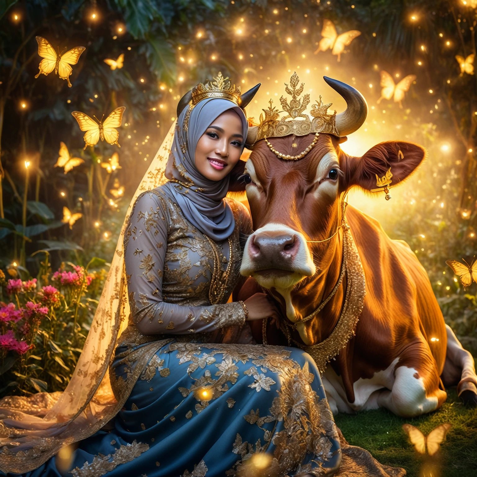 Stunning fantasy image, an Indonesian woman wearing a hijab and glamorous Muslim dress posing sitting with a cow while holding its head. The cow is wearing a gold necklace and crown, gaze at the camera, with a stunning abstract background in a paradise garden lit up by very beautiful fireflies, butterflies -butterflies decorating them, surreal background, she smiles, very pampering, Taken using iPhone15 Pro Max Camera, 1536px, photorealistic, high quality