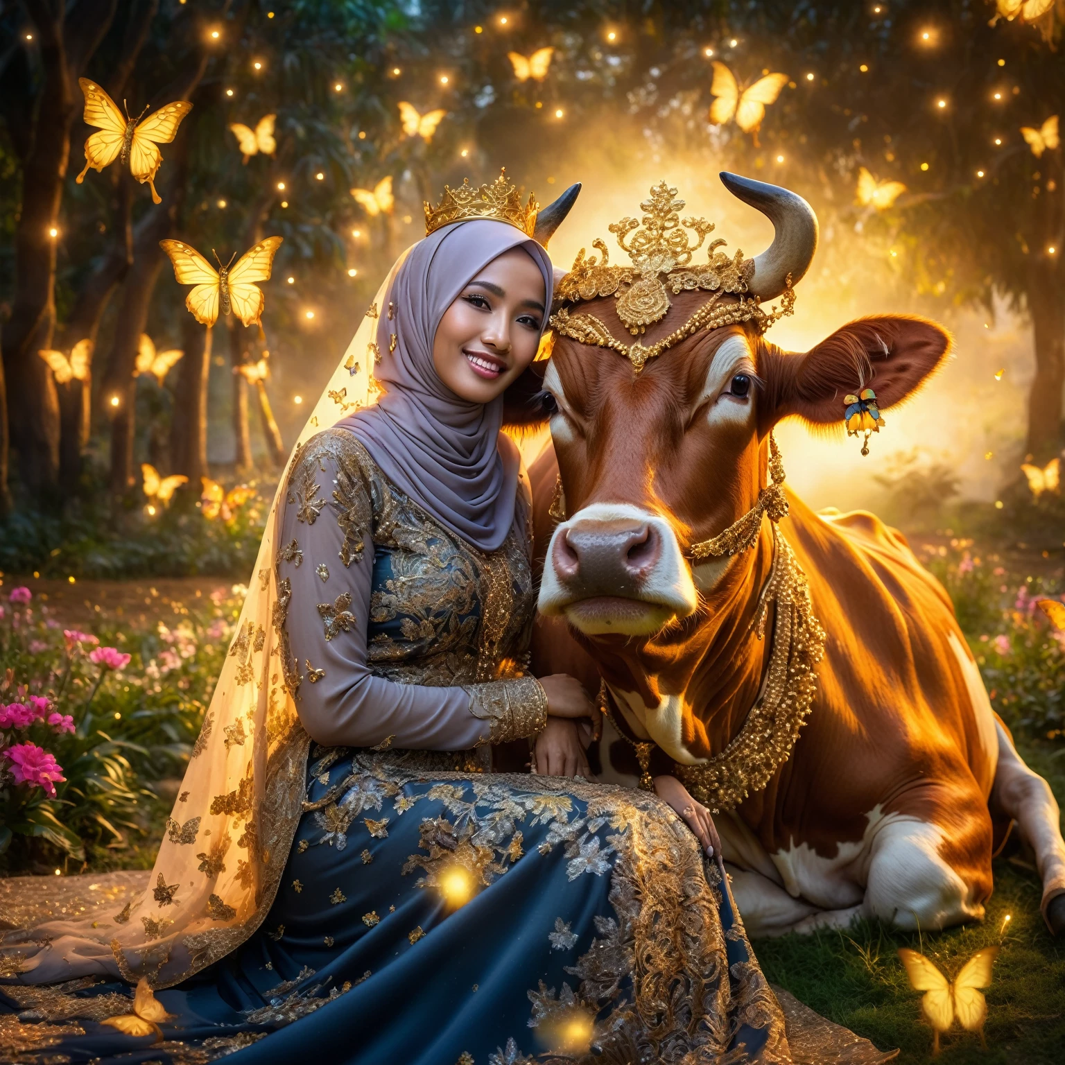 Stunning fantasy image, an Indonesian woman wearing a hijab and glamorous Muslim dress posing sitting with a cow while holding its head. The cow is wearing a gold necklace and crown, gaze at the camera, with a stunning abstract background in a paradise garden lit up by very beautiful fireflies, butterflies -butterflies decorating them, surreal background, she smiles, very pampering, Taken using iPhone15 Pro Max Camera, 1536px, photorealistic, high quality