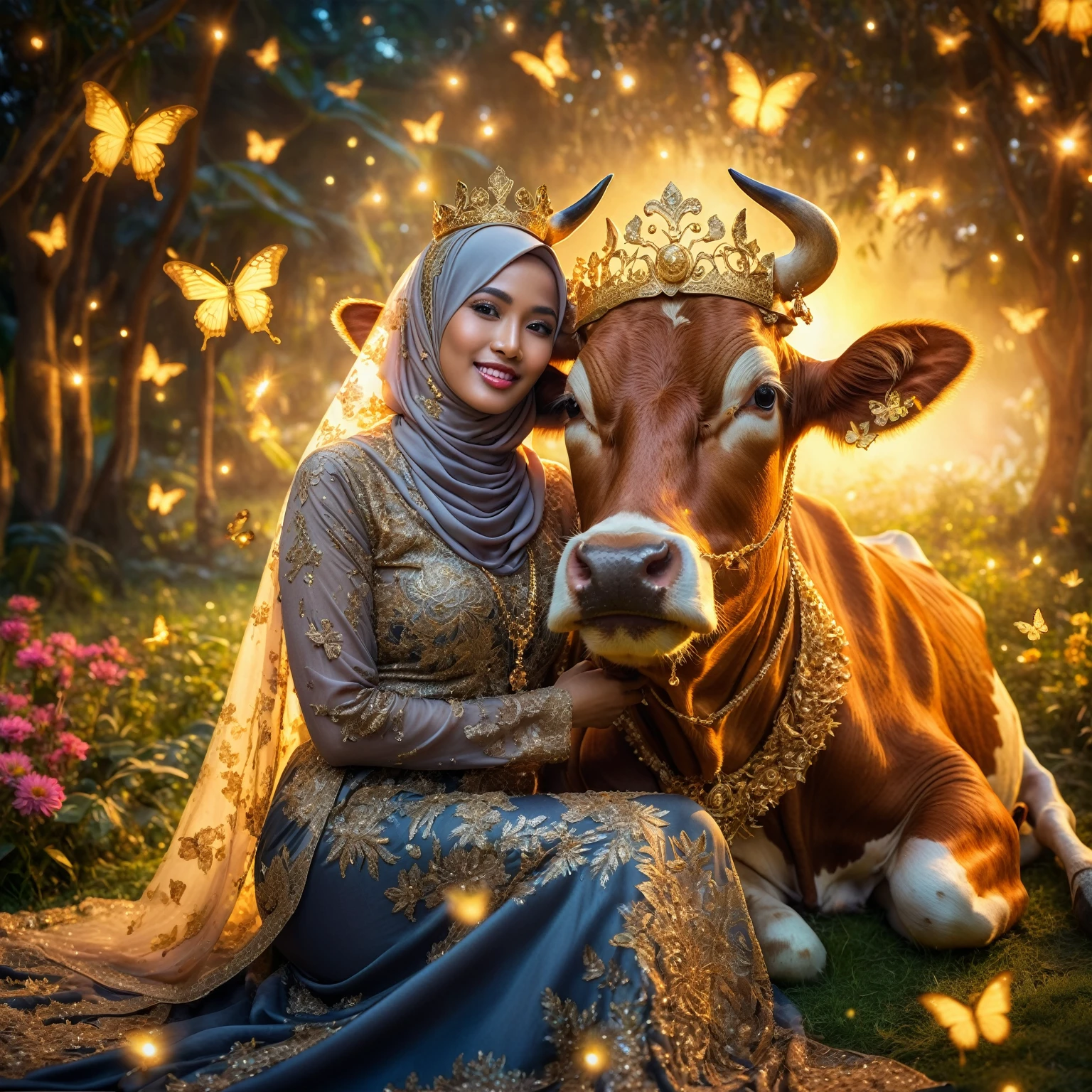 Stunning fantasy image, an Indonesian woman wearing a hijab and glamorous Muslim dress posing sitting with a cow while holding its head. The cow is wearing a gold necklace and crown, gaze at the camera, with a stunning abstract background in a paradise garden lit up by very beautiful fireflies, butterflies -butterflies decorating them, surreal background, she smiles, very pampering, Taken using iPhone15 Pro Max Camera, 1536px, photorealistic, high quality