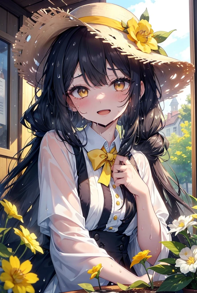 black long hair, blunt bangs,,(ultra-detailed eyes, beautiful and detailed face, detailed eyes: 0.9), ,((full shot)), , longeyelashes, beautiful hair, beautiful face, beautiful detailed eyes, (((cintura ultra detallada)))), Ultra-detailed photography with great depth of field, solo,(lovely smile, open mouth. sweaty:1.7), (beautiful scenery),,small breasts,light, (masterpiece:1.2),1womanl,Black hair,14years , 、((Detailed、top-quality、8K、masterpiece:1.3))、1girl in、ssmile、Expressionless,cute face、、(Casual Hairstyles、Small breasts:1.2)、Super Detailed Face、detailedeyes、 (best quality), (ultra-detailed), (llustration), (detailed light), (an extremely delicate and beautiful), ung girl, long hair, brown eyes,, , Enchanting, Sublime, Ethereal, fantastic,,full body,shy、flower in mouth,laughing,,low braided twintail,white skirt yellow hemline,yellow bow on the chest,wearing a straw hat on the side, one hand raises up to sky,dynamic angles, sunshine,day, (yellow flowers:1.35),(Ochna:1.25),(upper body:1.45),(A splash of colored paint1.15),Movie poster,Holding a parfait in hand,The parfait glass is tall and elegant, filled with layers of fresh melon pieces, whipped cream, and possibly some yogurt or ice cream. The background features a cozy café setting with soft lighting and comfortable furniture, creating a warm and inviting atmosphere.