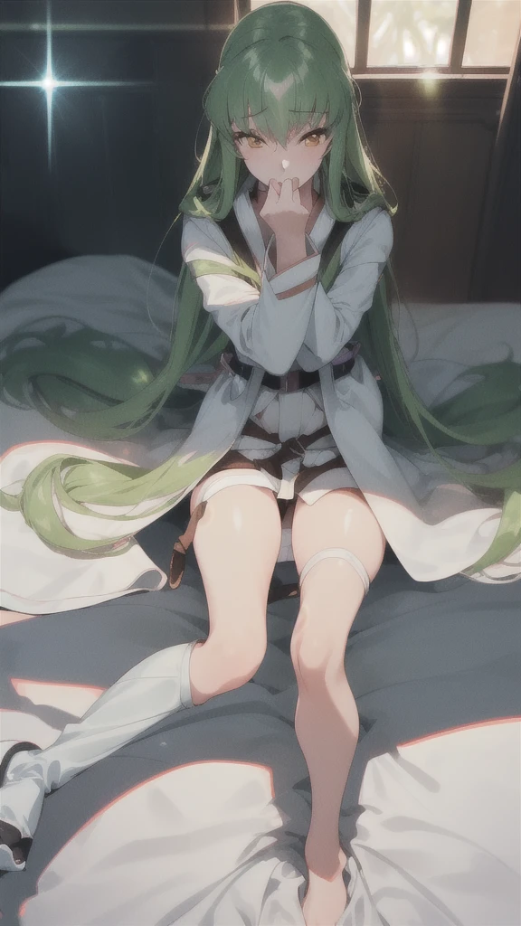 NSFW,(((1girl,1boy,fellatio))),c.c., Expressionless, (Look at other people:1.1), (Lie in:1.2), On the floor, Focus Only, From above,
Long sleeve,  white lace panties,
Orange eyes, Green Hair, Very long hair, (White straitjacket:1.6), Black belt, 
mksks style, Beautiful background, (chromatic aberration,  Lens flare, indoor, bedroom, bed sheet, bed, Particles of light, Holographic interface:1.2) ,
break masterpiece ,8k unity wallpaper,anime key visual,highest quality, High resolution,  (shape:0.8),anime coloring,
highly detailed face, detailed eyes,growing eyes,shiny skin,fine skin,white skin,dense skin,detailed hair,highly detailed legs,
perfect lighting, Detailed CG, 
(perfect hands, perfect anatomy),High resolution,
Break slender limbs, delicate curves, dainty hands,figure:0.8,