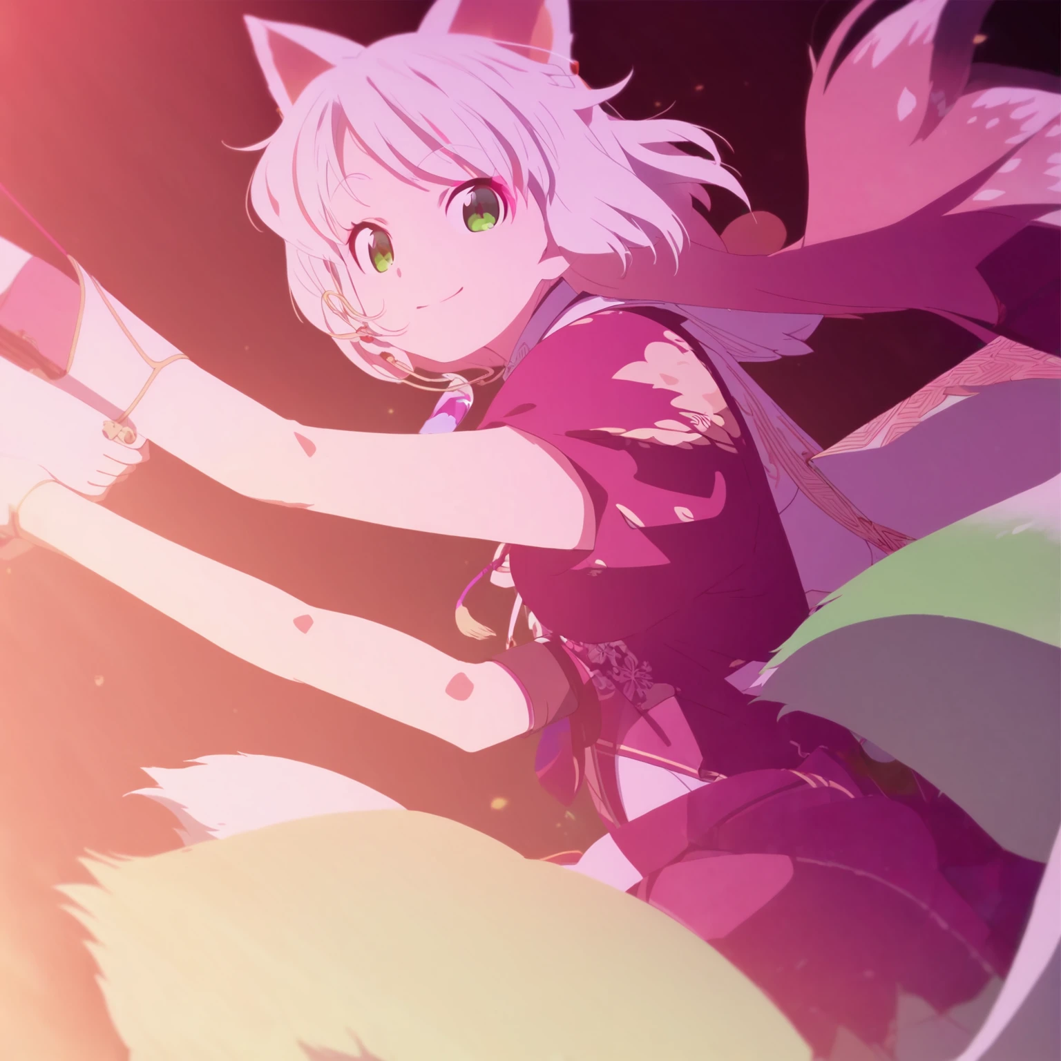 a young kitsune girl, beautiful detailed green eyes, long bicolor pink and white hair, smiling, long kitsune ears, multiple pink and white kitsune tails, , anime,vibrant colors,soft lighting