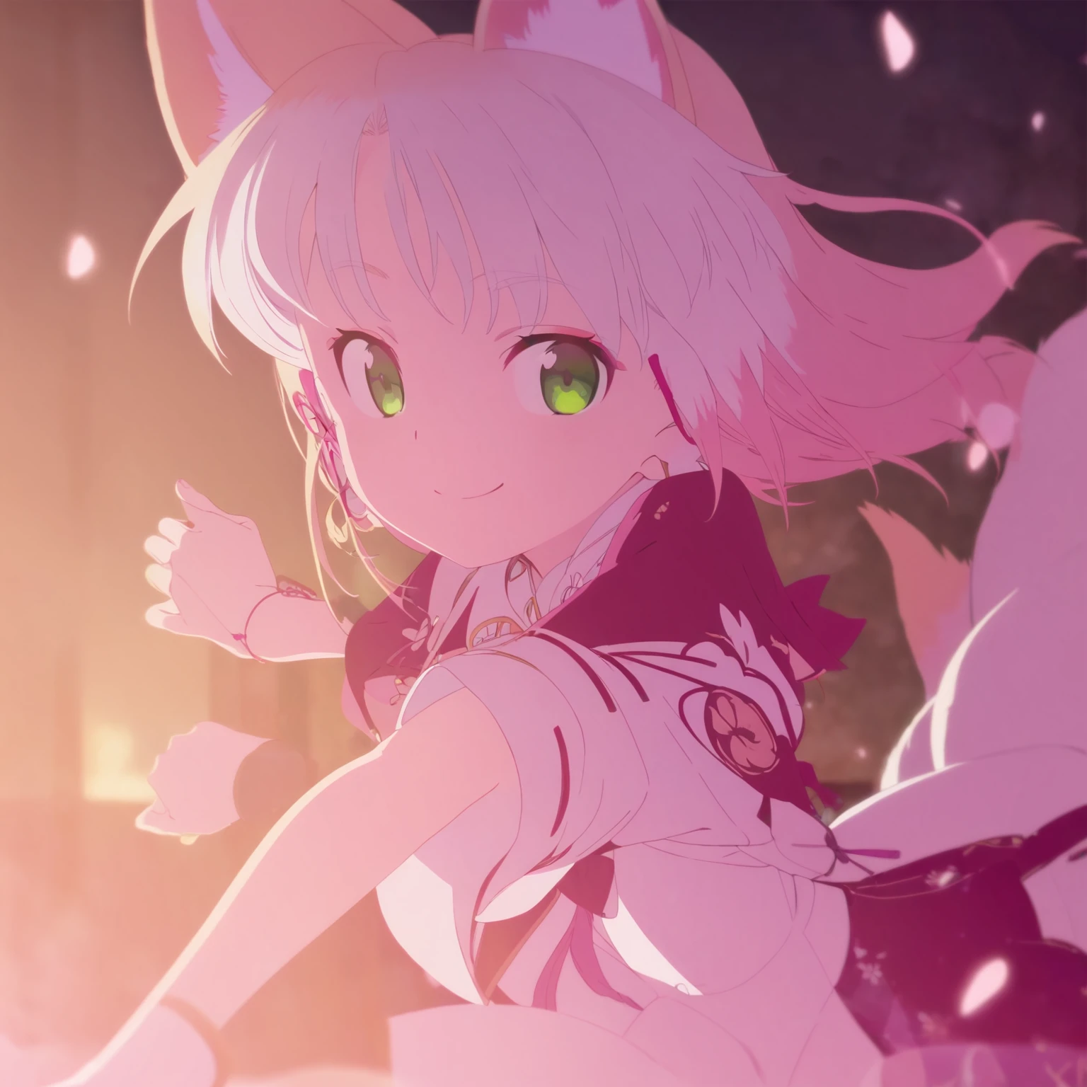 a young kitsune girl, beautiful detailed green eyes, long bicolor pink and white hair, smiling, long  kitsune ears, multiple  pink and white kitsune tails, , anime,vibrant colors,soft lighting