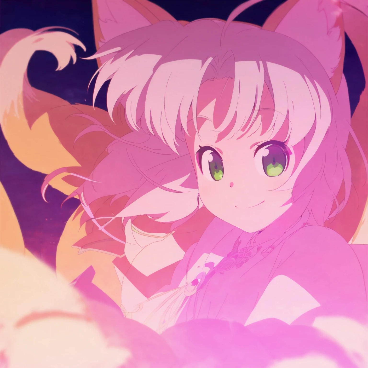 a young kitsune girl, beautiful detailed green eyes, long bicolor pink and white hair, smiling, long kitsune ears, multiple pink and white kitsune tails, , anime,vibrant colors,soft lighting