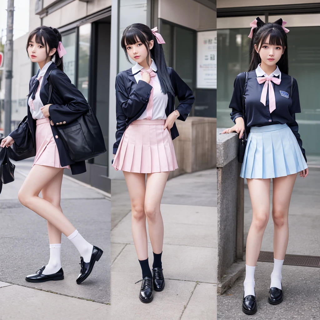 excellent work、HD analysis、Highest level of image quality、Standing、16K、reality、1 girl、student、18 years old、Energetic、student、Japanese school uniform、JK uniform、White short-sleeved shirt、Pink pleated skirt、Pink bow at neckline（Soft saturation:1.3）、（Light blue:1.2）、Full body facing the camera、F/8.0 aperture、Character Close-up、Black hair、Double ponytail hairstyle、Silky hair、Blue hair ribbon、（extremely huge breasts:2.0）、Full breasts、Filled with clothes、Show your legs、Smooth legs、Black leather shoes