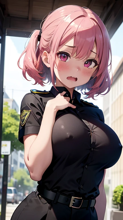 mastute piece,Best Quality,insanely detailed,8k cg,nsfw,
(shoot upper body:1.3),
(1girls:1.3),standing,looking at viewr,body in front,both arms behind back,(police women uniform:1.3),
break,
blush,shy,(ecstasy face),(trembling:1.2),break,(pink hair),
break,
perfect breasts,perfect teats,(open mouth:0.9),(large breasts:1.3),
(city)、