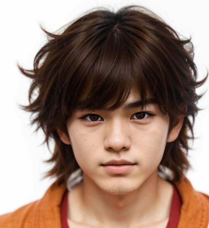 photorealistic portrait of Japanese 18 year old, young boy, with reddish brown hair and reddish brown eyes, sharp intense gaze, and tussled hair and  mole on upper lip. Plump lips, angled eyebrows intricate details, sharp focus, ultra-detailed, masterpiece, dramatic lighting, cinematic composition, vibrant colors, photorealistic