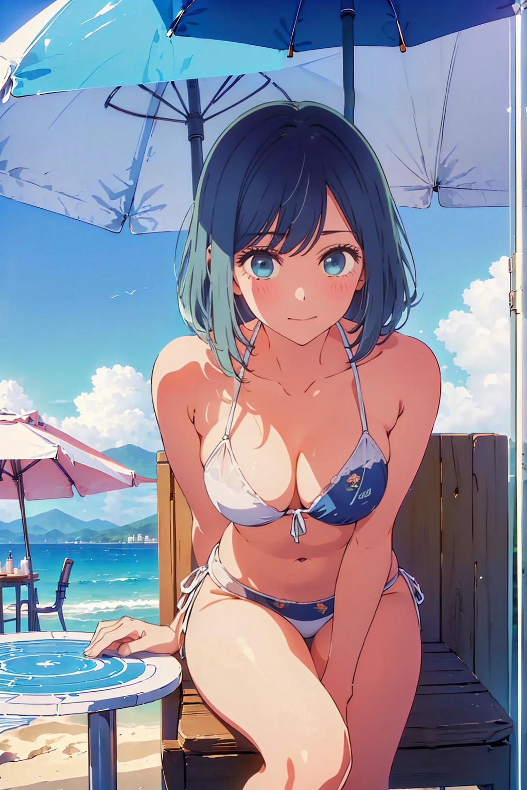 Highest quality,8k,detailed,F cup bust、Big Breasts、Slim and beautiful arms、Slim body、Very white beautiful skin、((((1 person、smile、Swimwear、smile、sit、Chair、In the background are the urban buildings of Tokyo、Outdoor café terrace、coastal、Navy hair color、juice、table、Cheek resting on hand、She is wearing a white side-string high-leg bikini、Looking up、Shooting up close、Very cute face))))、Sexy pose、Very blue sky、A completely cloudless sky、She tilted her head slightly、The atmosphere is bright and lively、The woman is at the center of the image。