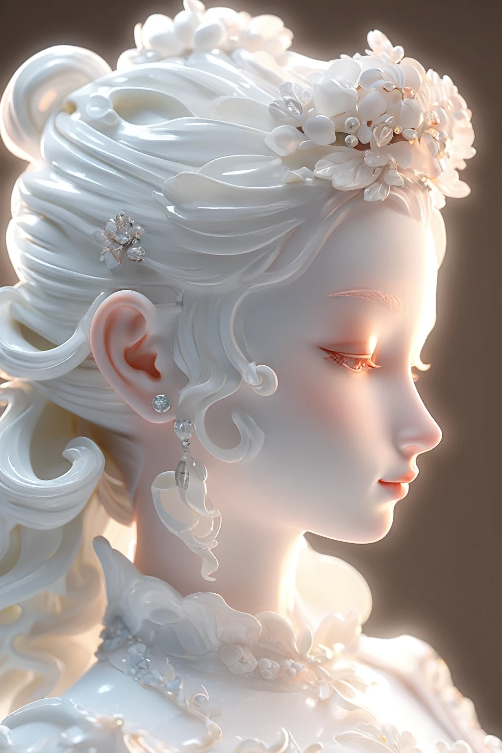 Sculpture out, realism：1 girl, Hair accessories, close up,  Pure white skin, Movie Lighting, 