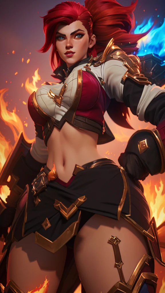 a close up of a woman with a sword and a fire in the background, alexstrasza, extremely detailed artgerm, miss fortune, brigitte from overwatch, katarina, miss fortune league of legends, brigitte, deviantart artstation cgscosiety, inspired by rossdraws, redhead queen in heavy red armor, wlop and rossdraws