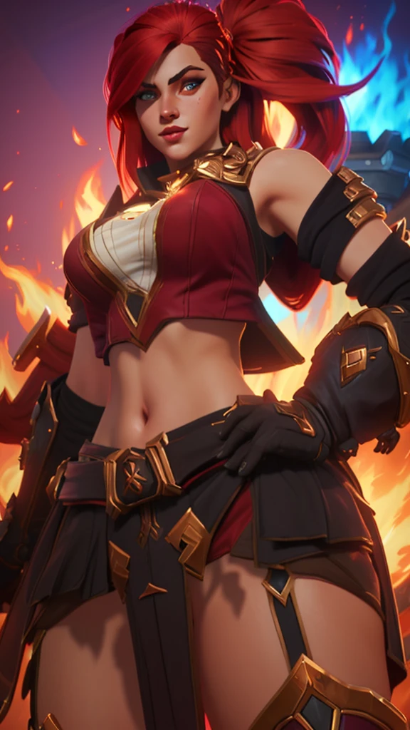 a close up of a woman with a sword and a fire in the background, alexstrasza, extremely detailed artgerm, miss fortune, brigitte from overwatch, katarina, miss fortune league of legends, brigitte, deviantart artstation cgscosiety, inspired by rossdraws, redhead queen in heavy red armor, wlop and rossdraws