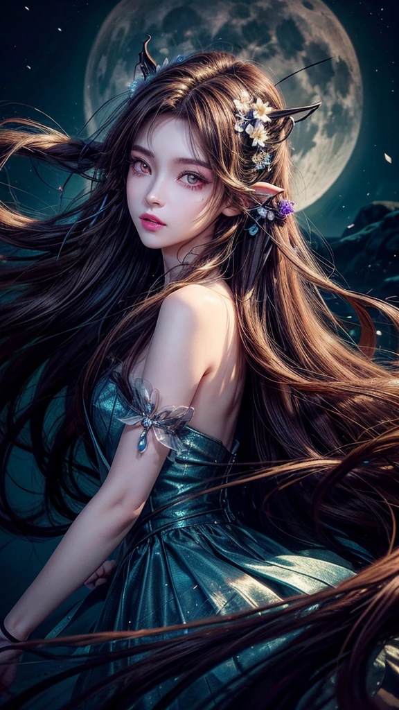 Long flowing brown hair，Fluorescent eyeshadow，Glowing pale eyes，Moon，Demon-free，Plush ears，moonlight，Flowing tulle，Best picture quality，Transparent flowers，Gradient petals，Flower hairpin，Noodles