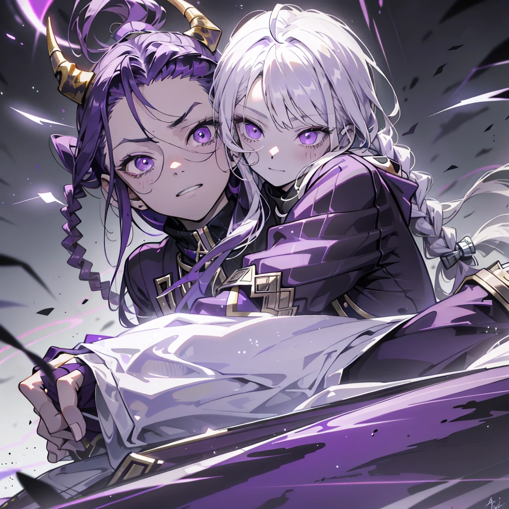 cheerful boy with open forehead. dark purple hair braided in a ponytail on the left side to one side. sinuous black horns wrapped in dark purple ribbon. pale violet eyes. in short dark purple shorts. long white T-shirt. dark purple knee-high socks. white long robe with hood. black ancient stone walls of the castle, purple light from lamps with golden ornaments lies on the sofa