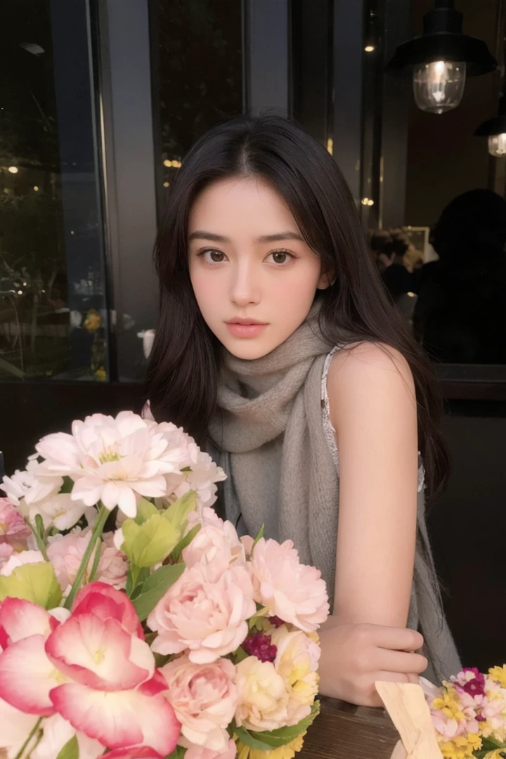 8k, best quality, masterpiece, realistic, ultra detail, photo realistic, Increase quality, 
a photo of a girl standing in a field with a scarf, in the style of dark and brooding designer, voluminous mass, photobash, serene faces, jagged edges, navy, natural beauty, close-up shot
