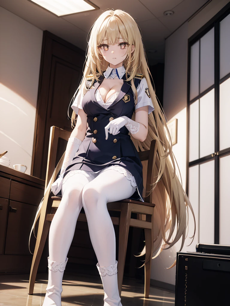 ,long hair,straight_hair,bright_pupils,cleavage,slender_waist,ankle_boots,elbow_gloves,1girl,white_pantyhose,lace,Uniforms