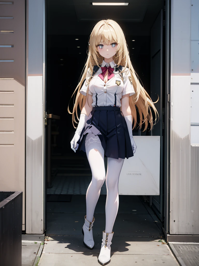 ,long hair,straight_hair,bright_pupils,cleavage,slender_waist,ankle_boots,elbow_gloves,1girl,white_pantyhose,lace,Uniforms