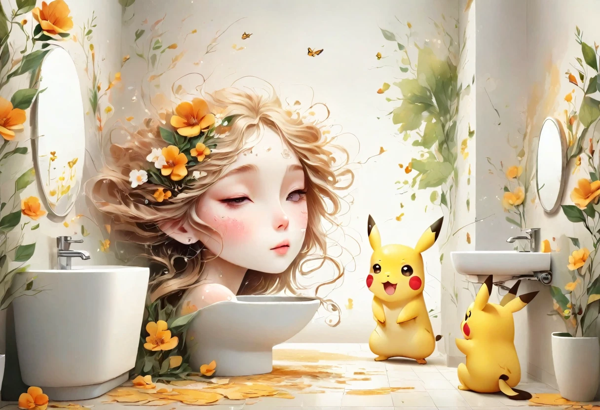 Pikachu washing its face in the bathroom