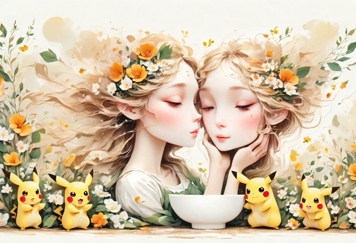 Illustrate a cute scene of Pikachu washing its face in the bathroom or brushing its teeth as part of a morning routine