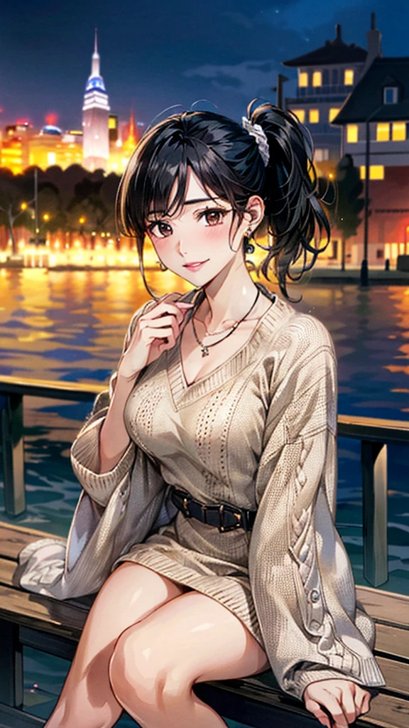 (masterpiece:1.3, Highest quality, Ultra-high resolution, Super detailed), (Realistic, photoRealistic:1.4), Beautiful illustrations, Perfect lighting, colorful, Depth of written boundary, 
(with thin belt、khaki:1.2、Long sleeve cable knit A-line dress:1.4),
Beautiful detailed hair, Beautifully detailed face, Beautiful fine details, Droopy eyes、Beautiful clavicle, Beautiful body, 美しいLarge Breasts, Beautiful thighs, Beautiful feet, Beautiful fingers, View Viewer、Front view:0.6, Beauty1人, Japanese, Beauty、30 years old, Perfect Face, (Perfect ???????, Anatomically correct), Cute and symmetrical face, Baby Face, , Shiny skin, 
 (Black Hair, Side Ponytail:1.4), braided bangs、Dark brown eyes, Large Breasts, Slim body, 
necklace, Small earrings:1.1, (Beautiful views), (night), (city, cityscape in the distance), Riverside、Sitting on a bench, A soft smile、(Smile, Lips parted),