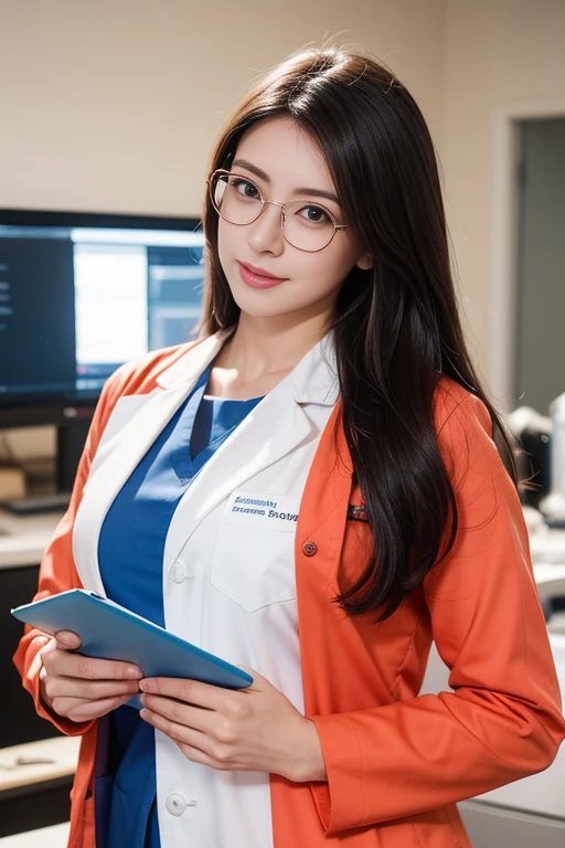 araffe nurse in a lab coat holding a folder of paper, doctor, (doctor), wearing lab coat and a blouse, amouranth, better known as amouranth, with a lab coat, young beautiful amouranth, wearing lab coat and glasses, nurse girl, perfect human female specimen, medical doctor, amouranth as a super villain