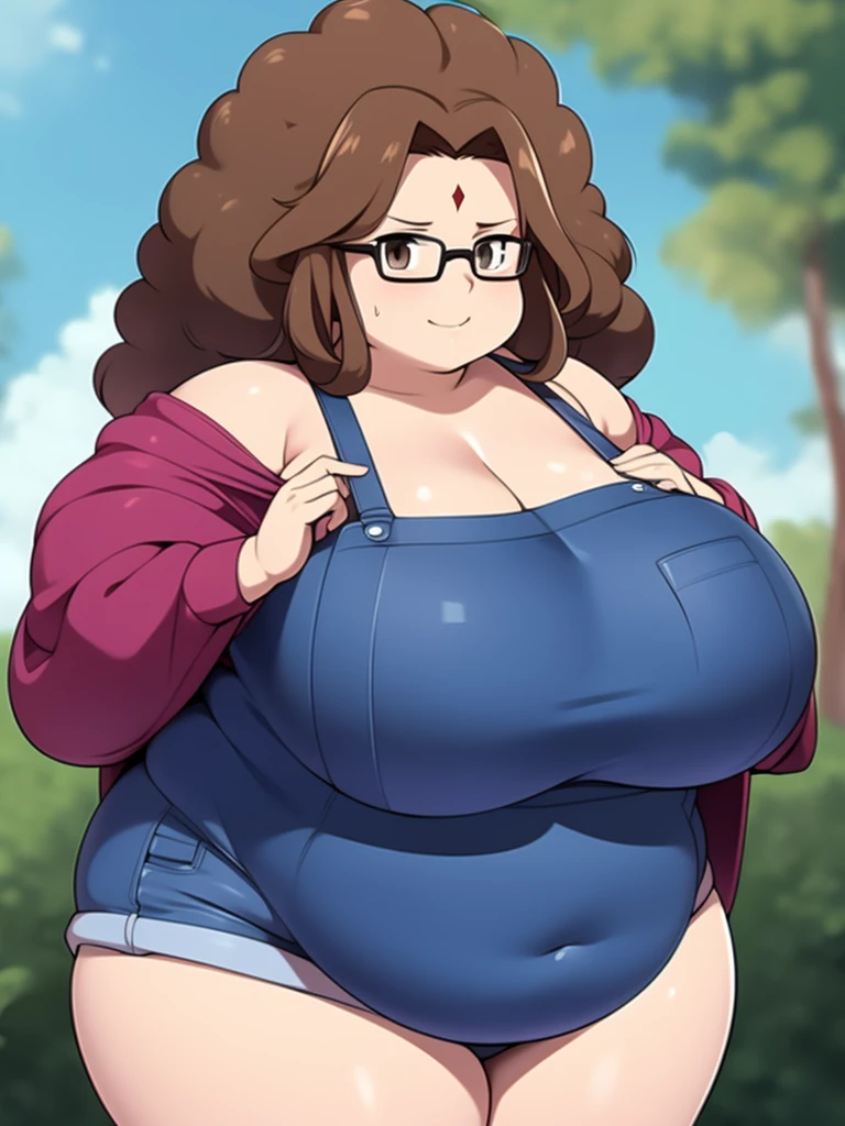 Anime Girls, Brown Hair, Forehead、Afro、Glasses、Brown eyes, Are fat、Chubby、Voluptuous、obesity、Denim jumpsuit