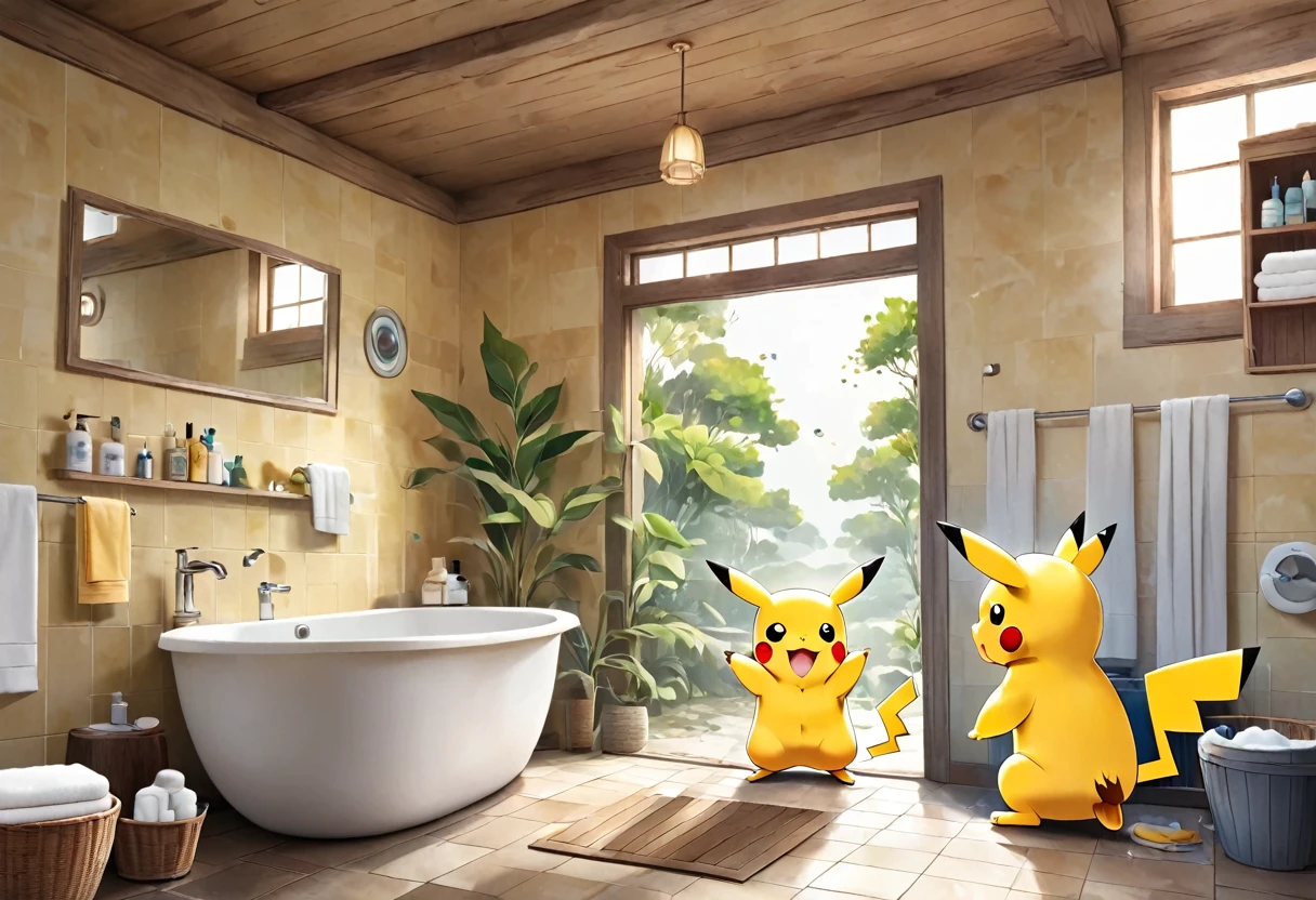 Pikachu washing its face in the bathroom