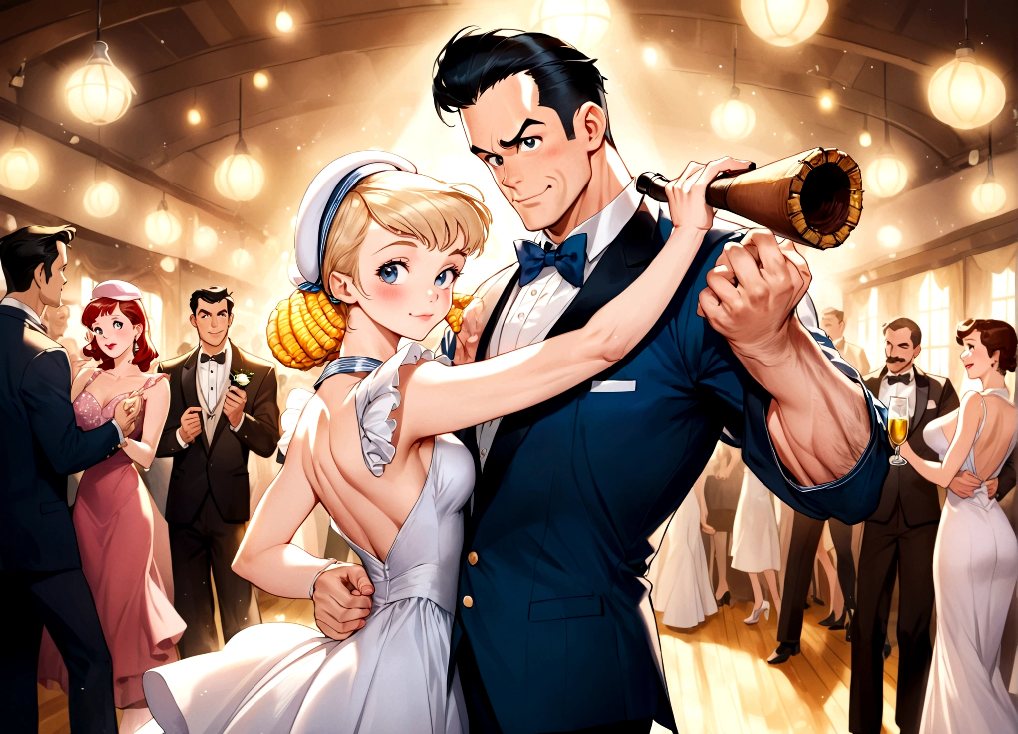 Popeye ((not pretty, rugged, huge forearms,) corncob pipe, sailor hat, cheap tuxedo) and Olive Oil (skinny, lavish evening dress with a plunging back) are celebrating their wedding anniversary dancing the Charleston, dance hall