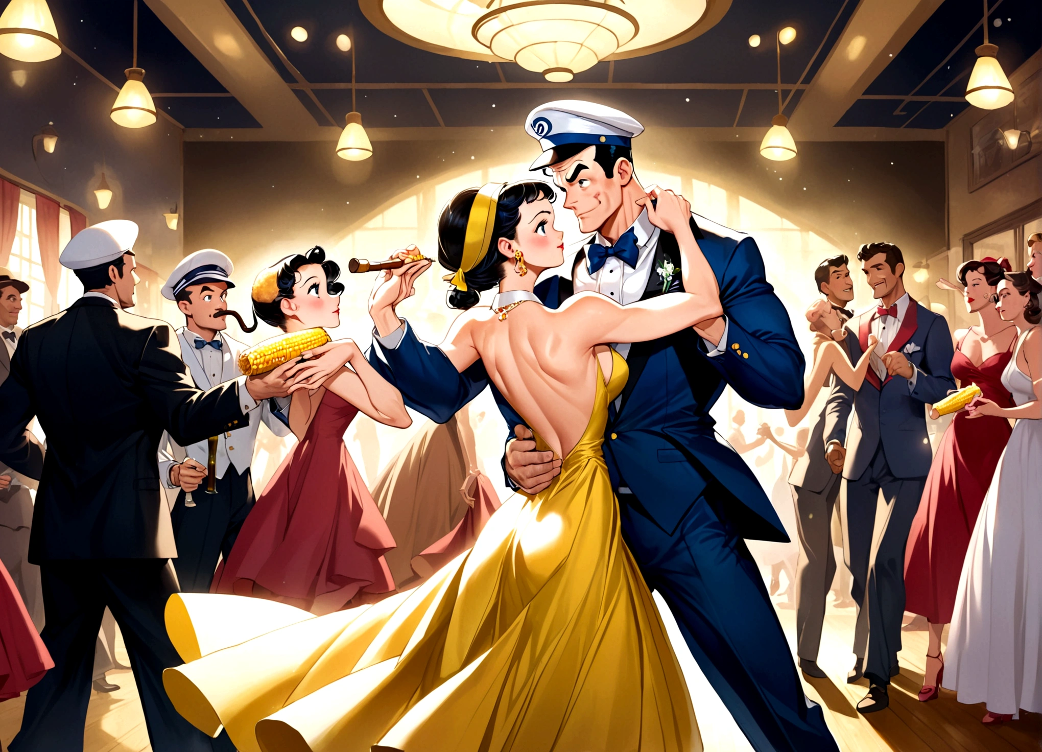 Popeye ((not pretty, rugged, huge forearms,) corncob pipe, sailor hat, cheap tuxedo) and Olive Oil (skinny, lavish evening dress with a plunging back) are celebrating their wedding anniversary dancing the Charleston, dance hall
