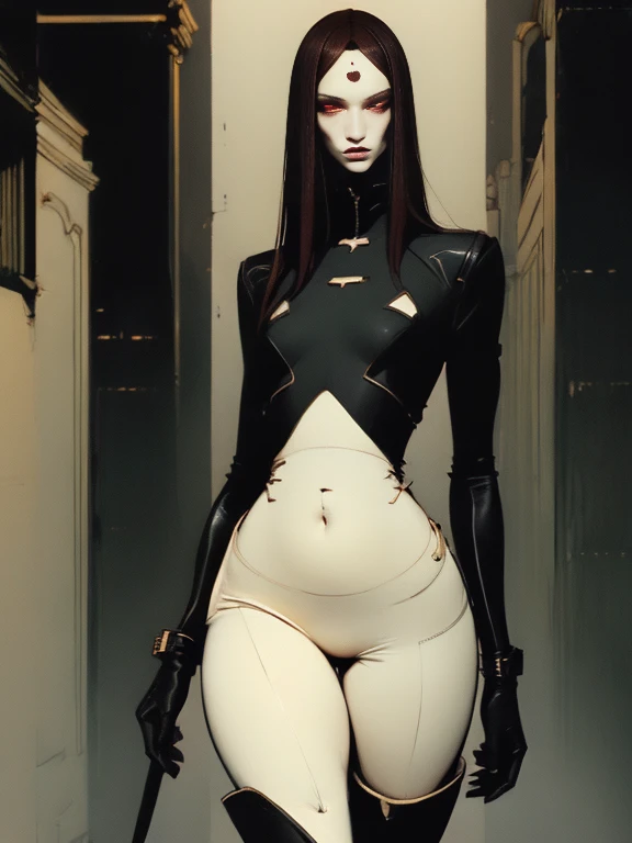 Woman alone, European woman, (((wide hips: 1.5))), 8k, absurd res, ((wide eyes: 1.4)), flawless face, girl with a soft body, (crisp black deco style formal business clothing), 1girl, average body, natural body, ((super wide hips: 1.3)), full body image, 1girls, solo, masterpiece, highly detailed, detailed eyes, expressive detailed eyes, pale skin, wide eyed, detailed pupils, realistic skin , blush, some freckles, realistic skin texture, ((small breasts: 1.3)), blushing, super detailed skin, smooth background, analog style, (chin length hair), ((dark hair: 1.5)), deco cyberpunk setting, (broad fat hips), entire head and body image, ((her entire head and body must be in view)), perfect anatomy, anatomically correct, ((pale skin)), ((wearing flat boots: 1.3))