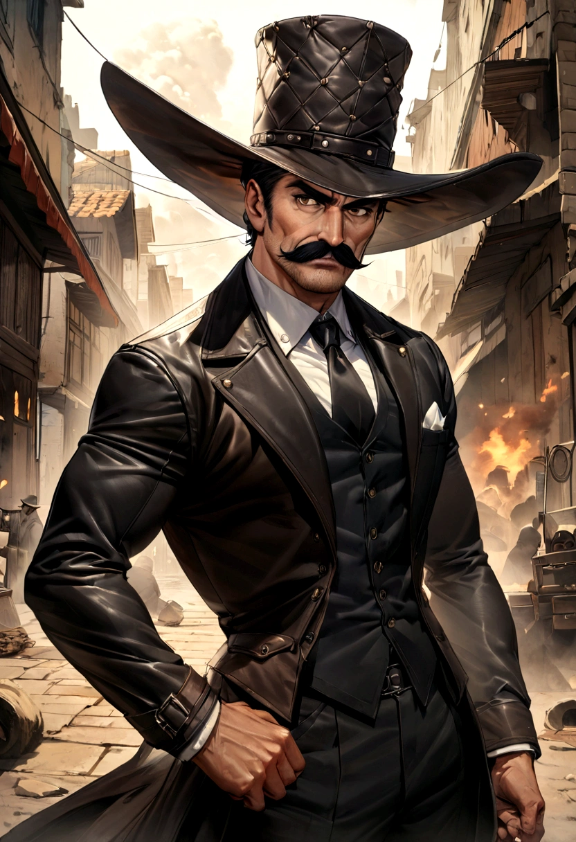 Make a man with a charismatic appearance, with an authoritative posture. He is approximately 35 years old. His face shows determination and rugged beauty, with brown eyes. He wears a mustache that adds to his authoritative appearance. The costume consists of the iconic leather hat adorned with metal spikes, a symbol of the cangaço bandits, wearing formal clothes. draw the character from the front. high quality, detailed, gritty, artwork, 8K,