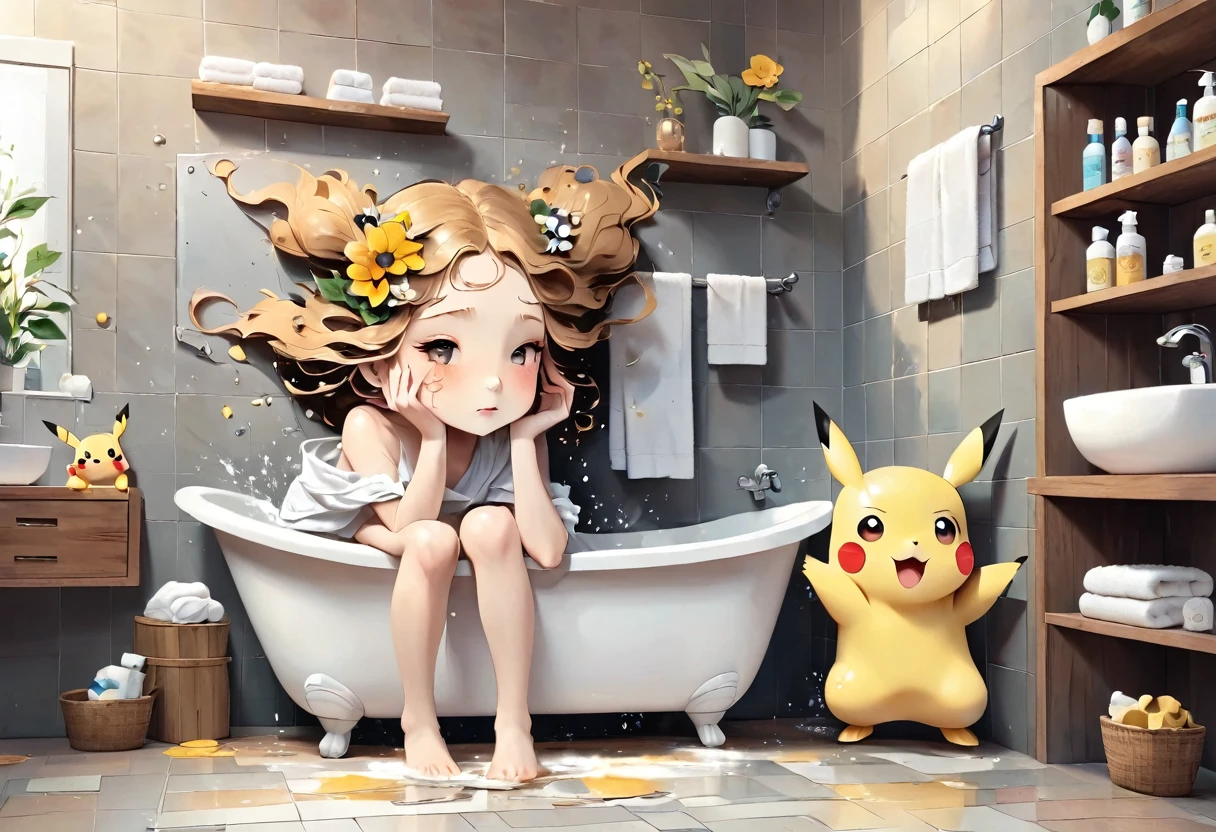 Pikachu washing its face in the bathroom