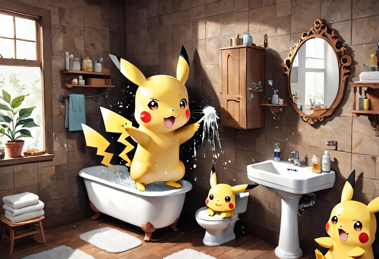 Pikachu washing its face in the bathroom