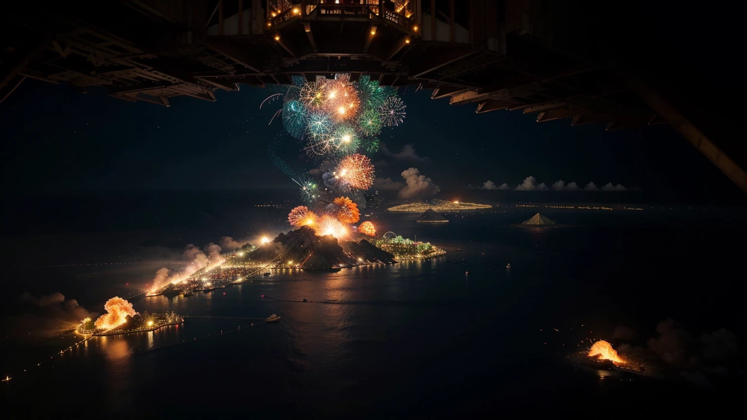 Multiple beautiful islands々With cityscape in the background　Parts of islands and buildings、It is collapsing into a network of electron particles.。　A volcano is erupting。Various types of electron light。entertainment。Circus-like atmosphere。