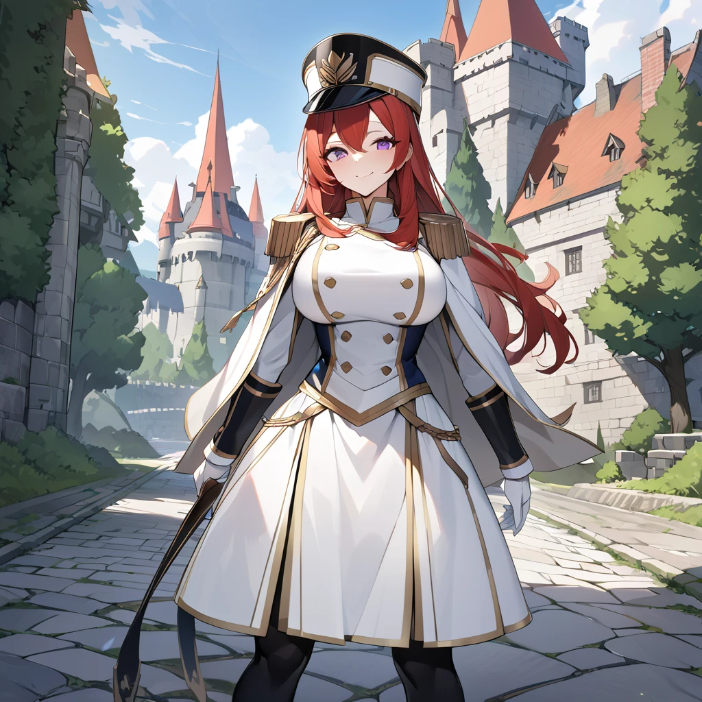 A woman wearing a white British royal guard uniform with gold details, white skirt, black boots, traditional white royal guard hat, red red hair, purple eyes, smiling, walking on a medieval concrete road, trees around, with castle right next to background, daytime location, big breasts, white cape with gold details, standing, posture,perfect face,UHD , work- prime, precise, anatomically correct, textured skin, super details, high quality, best quality, 8k, high resolution, bokeh effect. (woman solo)
