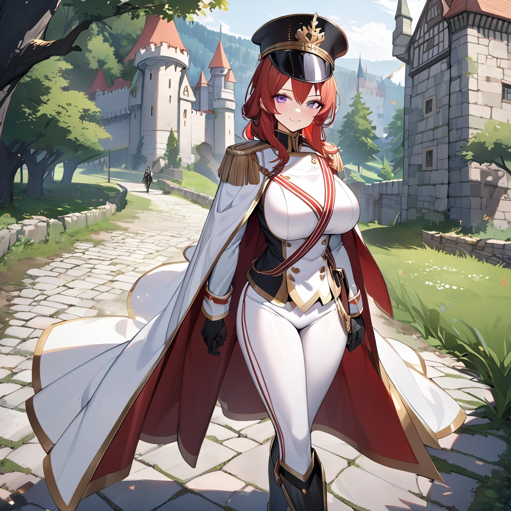 A woman wearing a white British royal guard uniform with gold details, white skirt, black boots, traditional white royal guard hat, red red hair, purple eyes, smiling, walking on a medieval concrete road, trees around, with castle right next to background, daytime location, big breasts, white cape with gold details, standing, posture,perfect face,UHD , work- prime, precise, anatomically correct, textured skin, super details, high quality, best quality, 8k, high resolution, bokeh effect. (woman solo)
