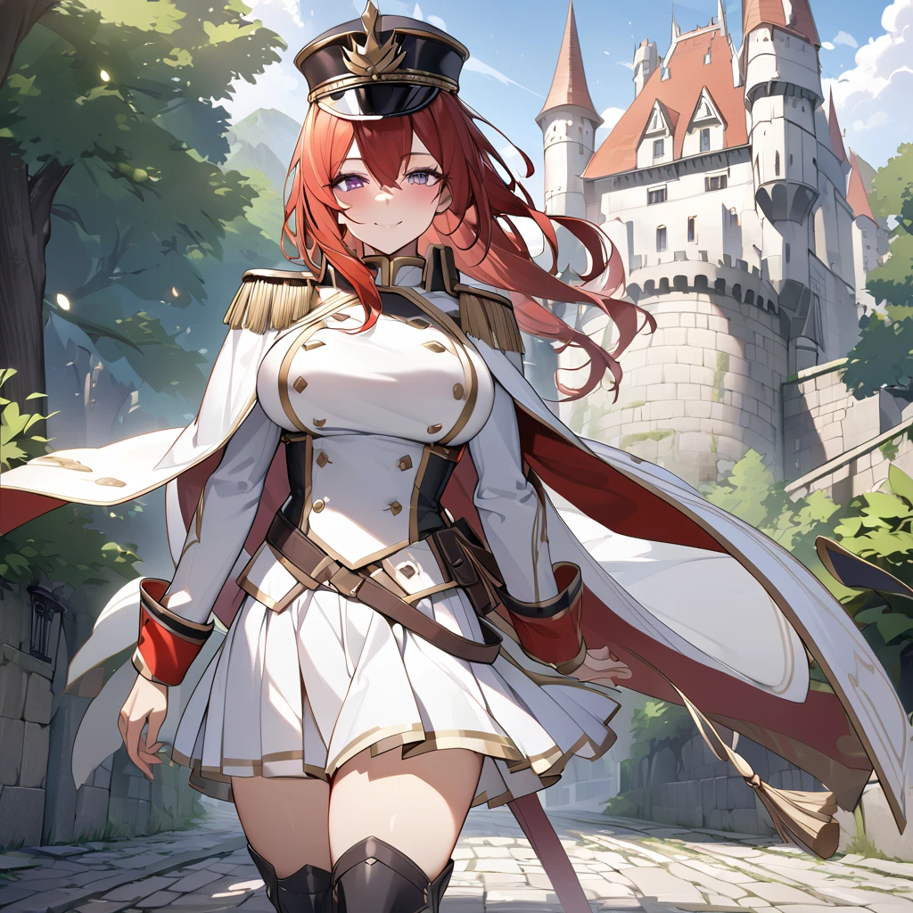 A woman wearing a white British royal guard uniform with gold details, white skirt, black boots, traditional white royal guard hat, red red hair, purple eyes, smiling, walking on a medieval concrete road, trees around, with castle right next to background, daytime location, big breasts, white cape with gold details, standing, posture,perfect face,UHD , work- prime, precise, anatomically correct, textured skin, super details, high quality, best quality, 8k, high resolution, bokeh effect. (woman solo)
