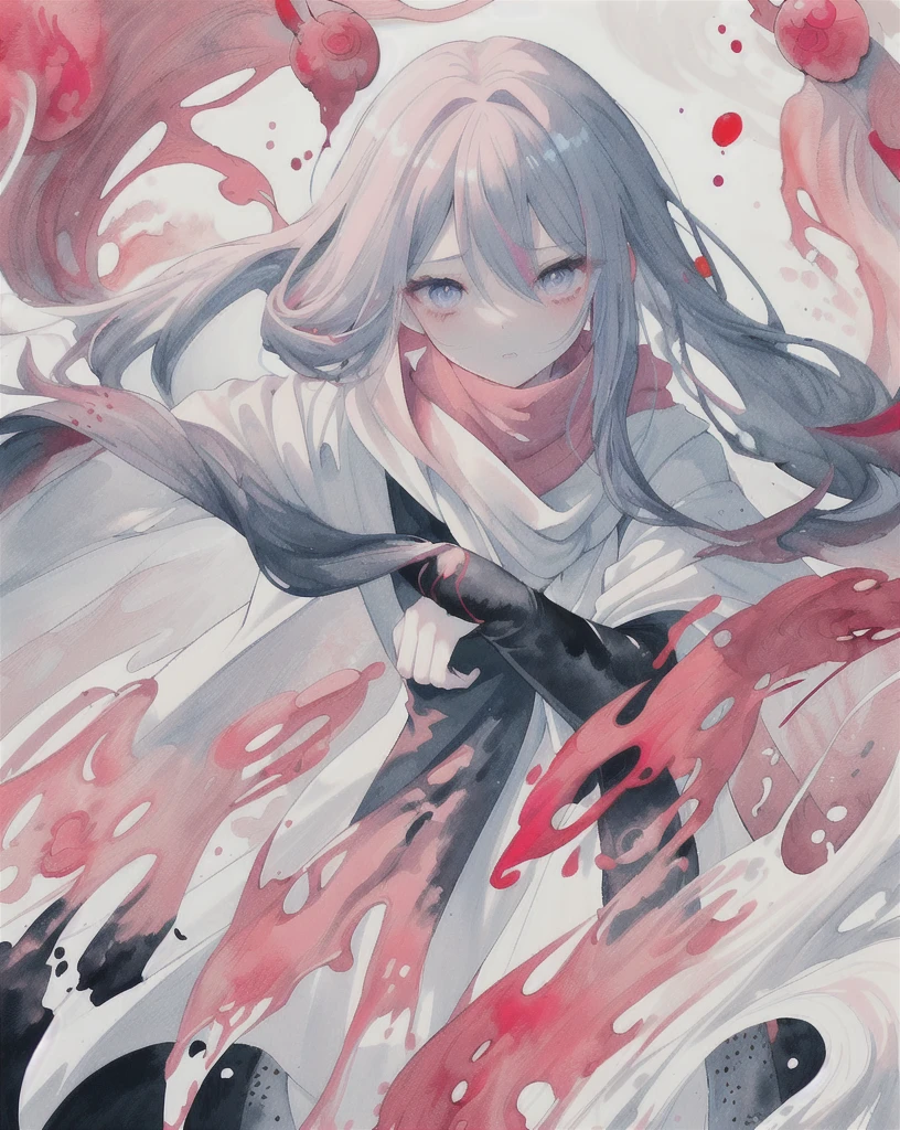1 Girl,(蓝Long hair)),blue eyes,radish,Long hair,(loose Long hair),((White cape)),Pink scarf,Tired eyes,The face is firm,Red flowers fall,Upper Body,Strong shadows,Ash,fire,ice,((Ink wAsh painting)),((ink splAshing)),((color splAshing)),