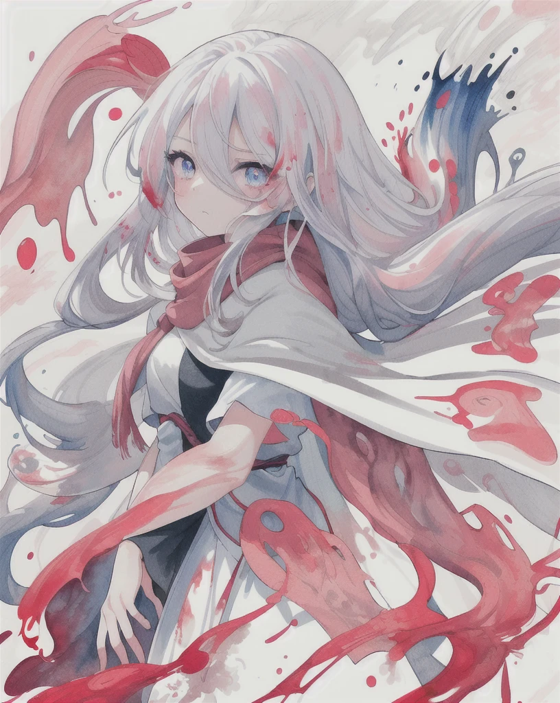 1 Girl,(蓝Long hair)),blue eyes,radish,Long hair,(loose Long hair),((White cape)),Pink scarf,Tired eyes,The face is firm,Red flowers fall,Upper Body,Strong shadows,Ash,fire,ice,((Ink wAsh painting)),((ink splAshing)),((color splAshing)),